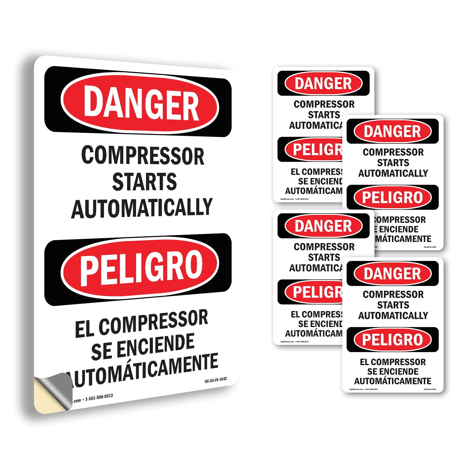 Compressor Blasts Label Compressor Starts Automatically Bilingual OSHA Danger Vinyl Decal Label ...