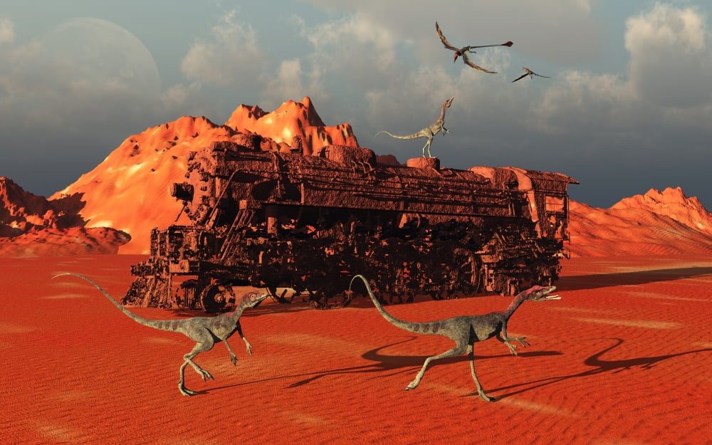 Compsognathus dinosaurs and Eudimorphodon Pterosaurs encounter a fossilized steam train Canvas Art - Mark StevensonStocktrek Images (18 x 12)