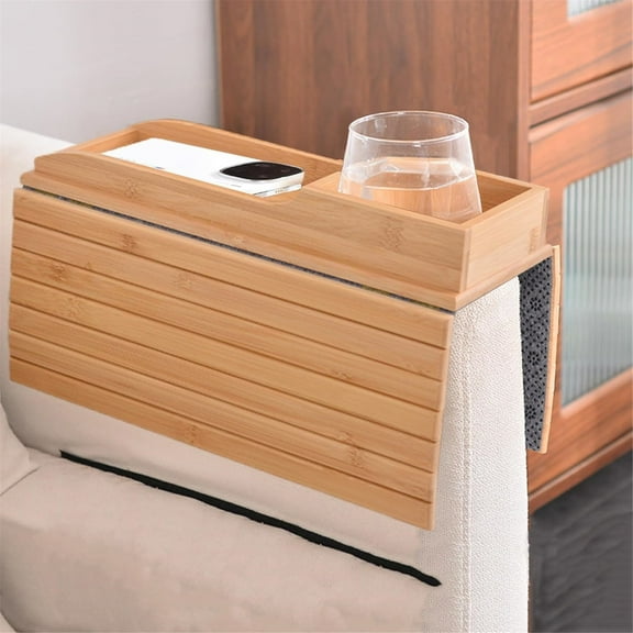 Comptiacruise Wood Couch Cup Holder, 2025 New Bamboo Couch Cup Holder for Drink & Snack, Anti-Slip Foldable Couch Arm Tray, Sofa Armrest Tray Table for Couch,for Drinks Cellphone TV Remote Snacks,B