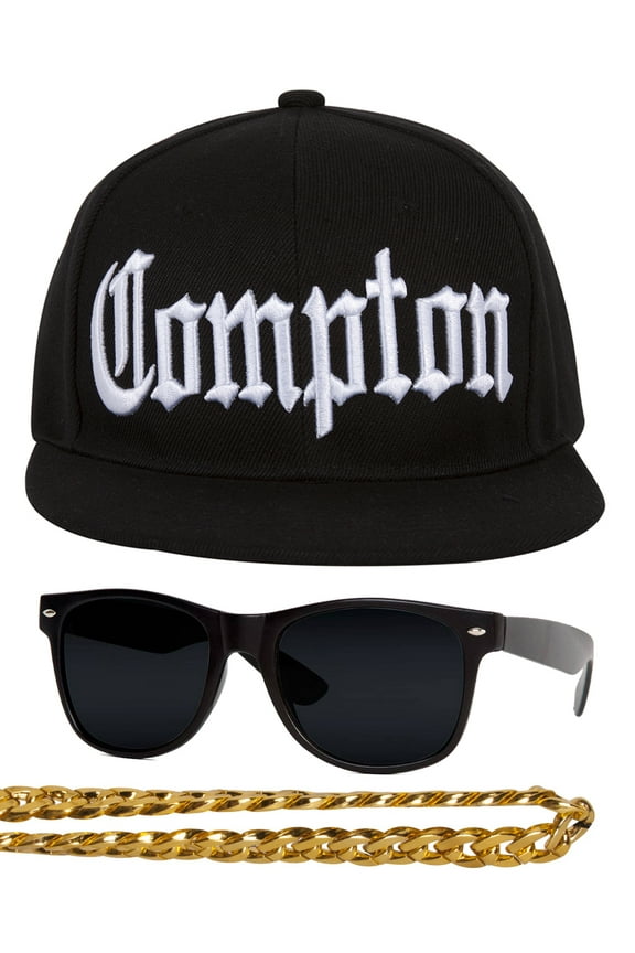 Compton 80s Rapper Costume Kit Flat Bill Hat w Sunglasses, Chain - Black