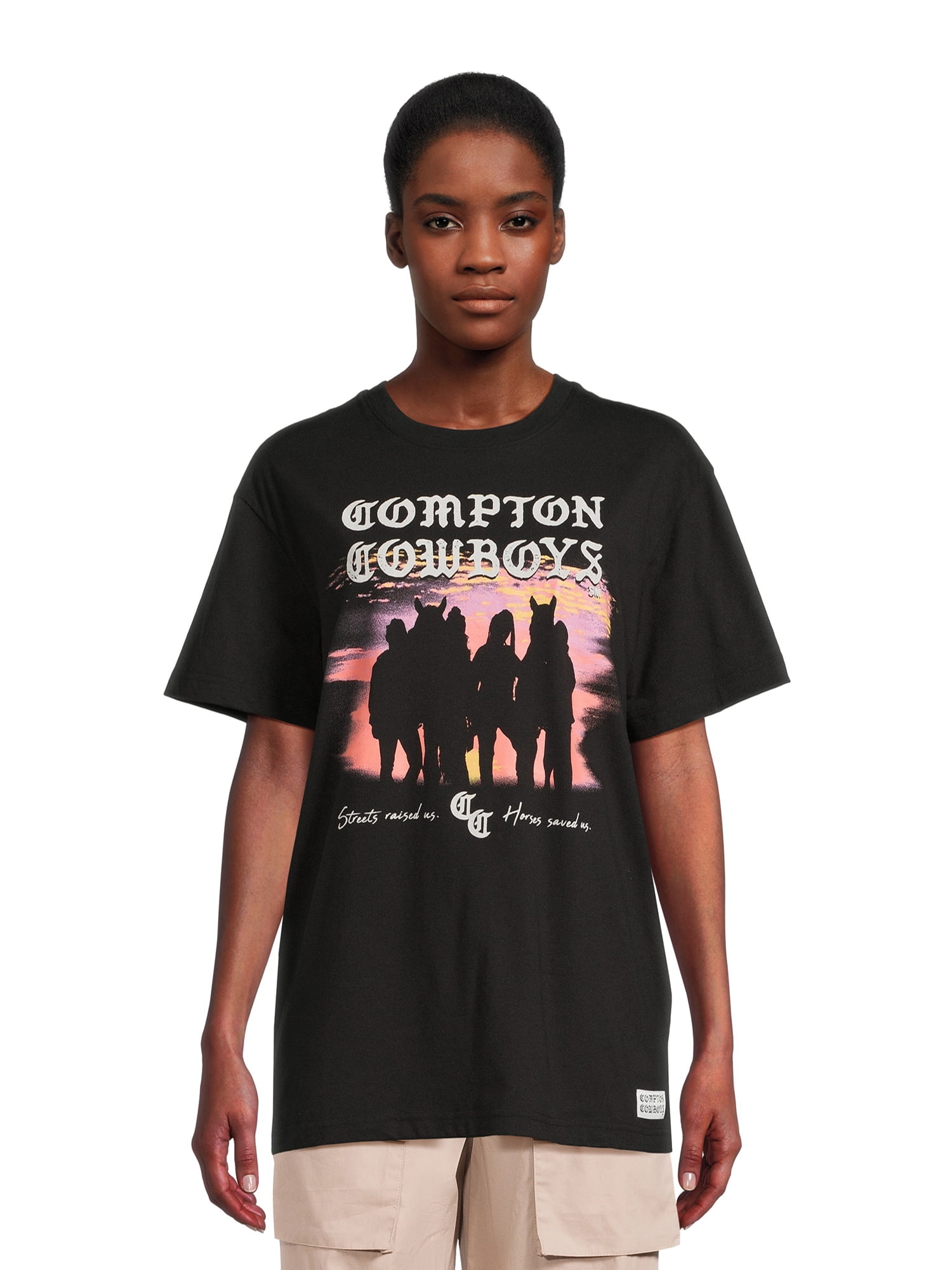 Compton Cowboys Sunset Women's Juniors Graphic Tee with Short Sleeves, Sizes XS-XXXL
