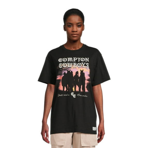Compton Cowboys Sunset Women's Juniors Graphic Tee with Short Sleeves, Sizes XS-XXXL