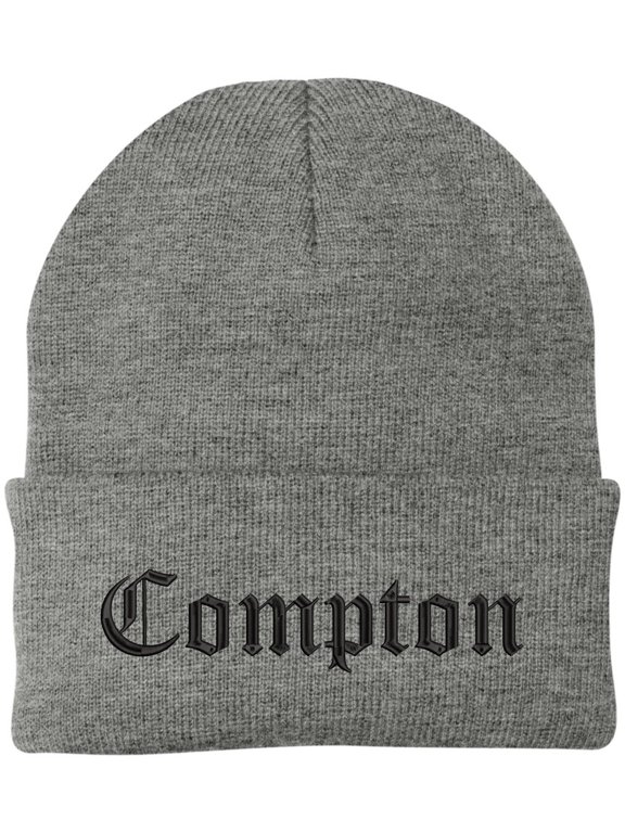 Compton Embroidered Beanie Knit Watch Skull Cap with Old English Letters | Warm Winter Hat (Grey)