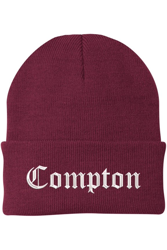 Compton Embroidered Beanie Knit Watch Skull Cap with Old English Letters | Warm Winter Hat (Maroon)