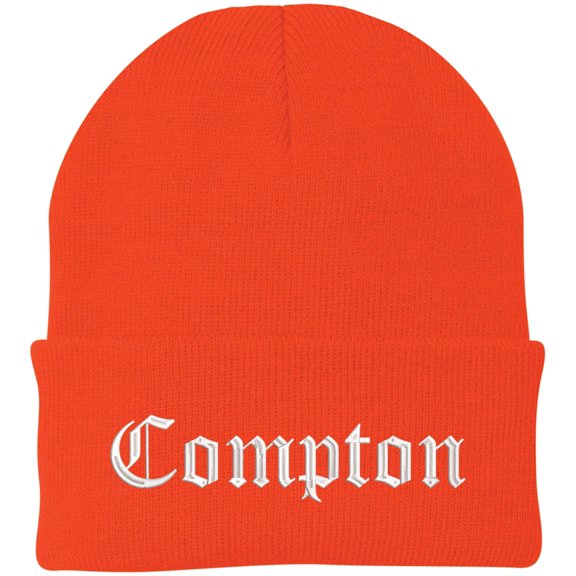 Compton Embroidered Beanie Knit Watch Skull Cap with Old English Letters | Warm Winter Hat (Orange)