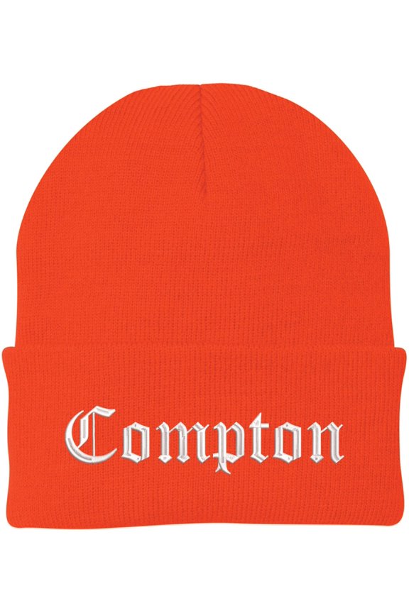 Compton Embroidered Beanie Knit Watch Skull Cap with Old English Letters | Warm Winter Hat (Orange)