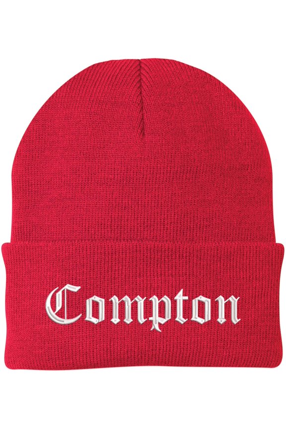 Compton Embroidered Beanie Knit Watch Skull Cap with Old English Letters | Warm Winter Hat (Red)