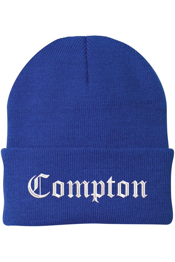 Compton Embroidered Beanie Knit Watch Skull Cap with Old English Letters | Warm Winter Hat (RoyalBlue)