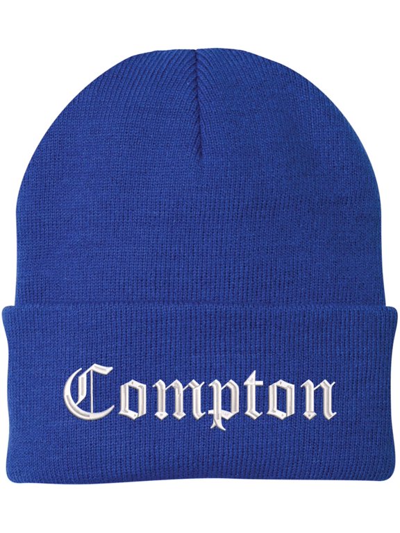 Compton Embroidered Beanie Knit Watch Skull Cap with Old English Letters | Warm Winter Hat (RoyalBlue)