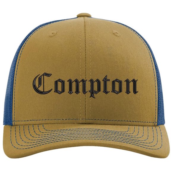 Compton Old English Embroidered Trucker Hat | Classic Deluxe Snapback Mesh Snapback Cap (Biscuit/Blue)