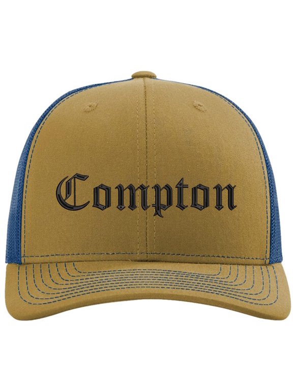 Compton Old English Embroidered Trucker Hat | Classic Deluxe Snapback Mesh Snapback Cap (Biscuit/Blue)
