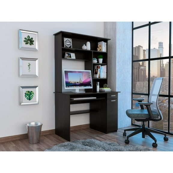 Compu 180 Hutch Desk, Multiple Shelves, Keyboard Tray, CPU anel, One Drawer Black