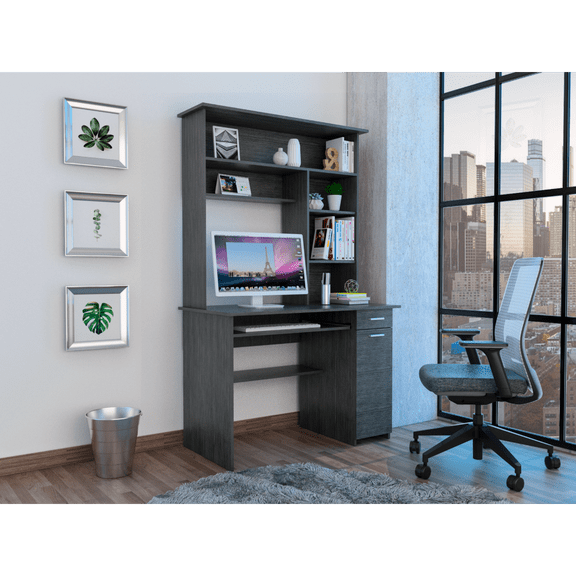 Compu 180 Hutch Desk, Multiple Shelves, Retractable Keyboard Tray, Cpu Door Panel, One Drawer, Grey Oak -Smokey Oak