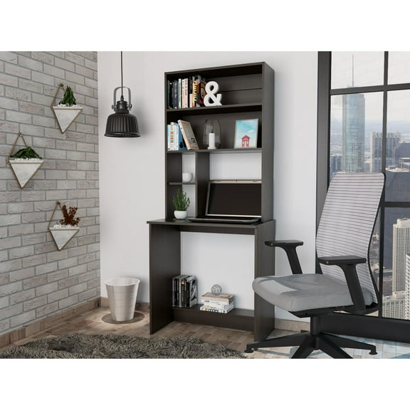 Compu Hutch Desk, Four Shelves, Writing Desk, One Lower Shelf Black