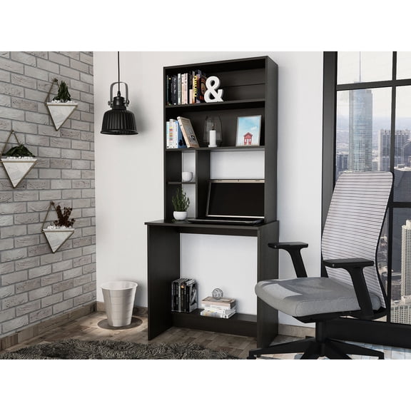 Black Compu Hutch Desk with Four Shelves - Great for Organized Study