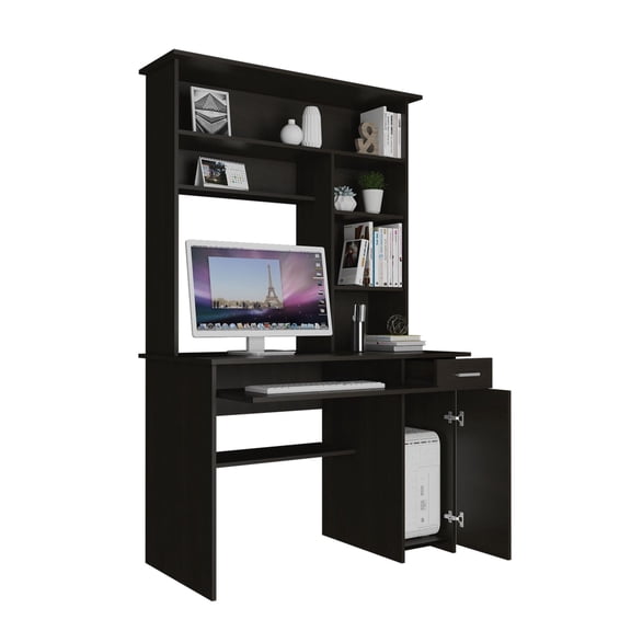 Compu Hutch Desk with Keyboard Tray & CPU Storage, Black - Home Office Computer Desk with Shelves & Drawer