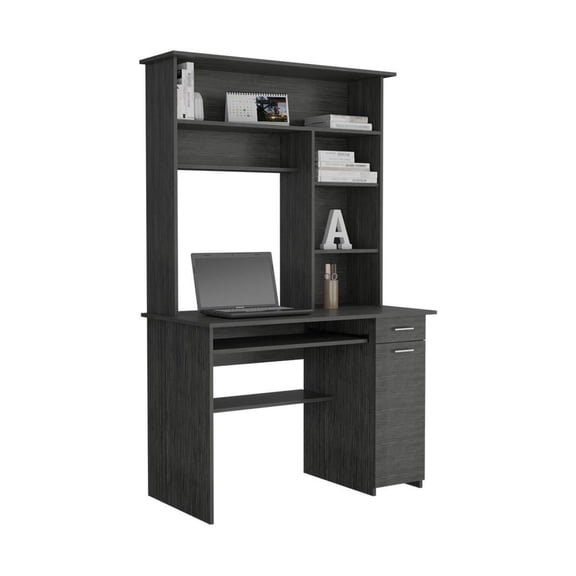 Compu Hutch Desk with Keyboard Tray & CPU Storage - Smokey Oak Finish - Home Office Computer Desk with Shelves & Drawer
