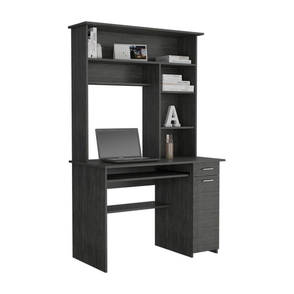 Compu Hutch Desk with Keyboard Tray & CPU Storage - Smokey Oak Finish, Multiple Shelves, One Drawer, Home Office Furniture
