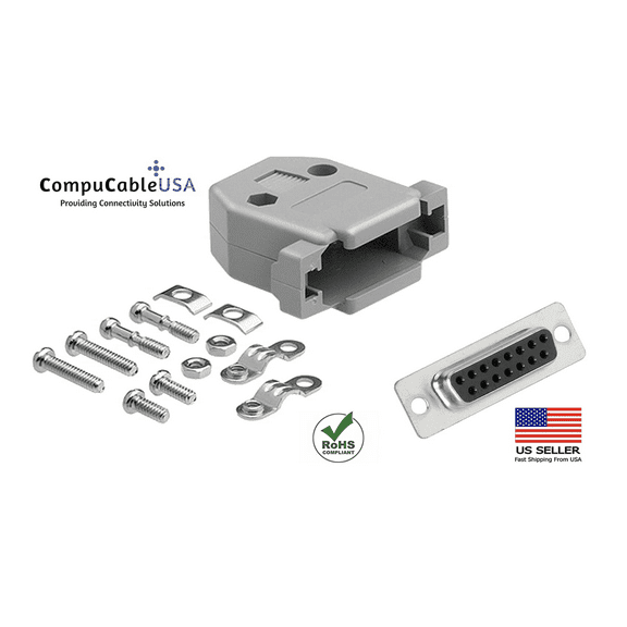 CompuCablePlusUSA.com Best DB15 Female Solder Cup Connector Kit With Plastic Hood Best Complete DB15 Female Solder Type set Fix/Make/Assembly your own DB15 Cable