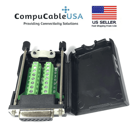 CompuCablePlusUSA.com Best DB15 Female Solderless Breakout Terminal Block Connector with Case with Thumb Screws Kit