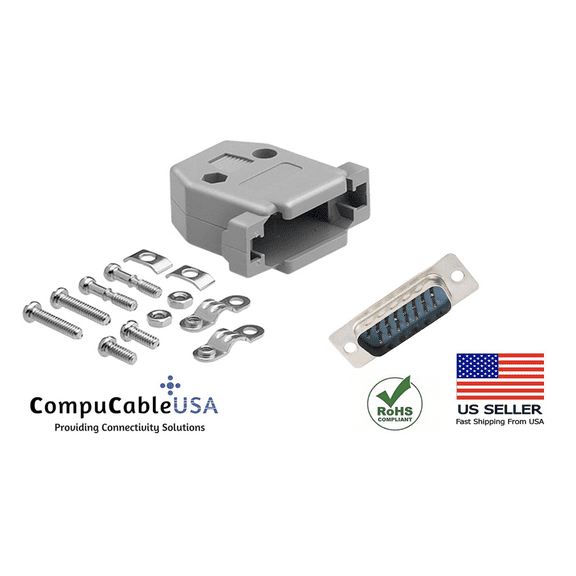 CompuCablePlusUSA.com Best DB15 Male Solder Cup Connector Kit With Plastic Hood Best Complete DB15 Male Solder Type set Fix/Make/Assembly your own DB15 Cable