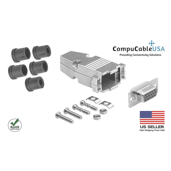 CompuCablePlusUSA.com Best HD15 Female Solder Type Connector Kit + Metal Hood+Strain Relief Grommet, Best Complete HD15 Female Solder Type Connector Kit, Fix/Make/Assemble your own Cable