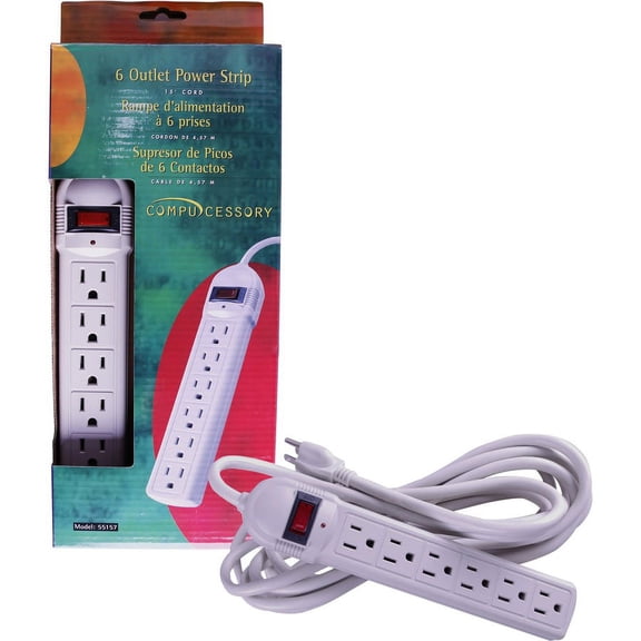 Compucessory 6-Outlet Power Strips - 6 - 15 ft Cord - 104 J Surge Energy - 15 A Current - 125 V AC Voltage - Strip - Light Gray | Bundle of 2 Each