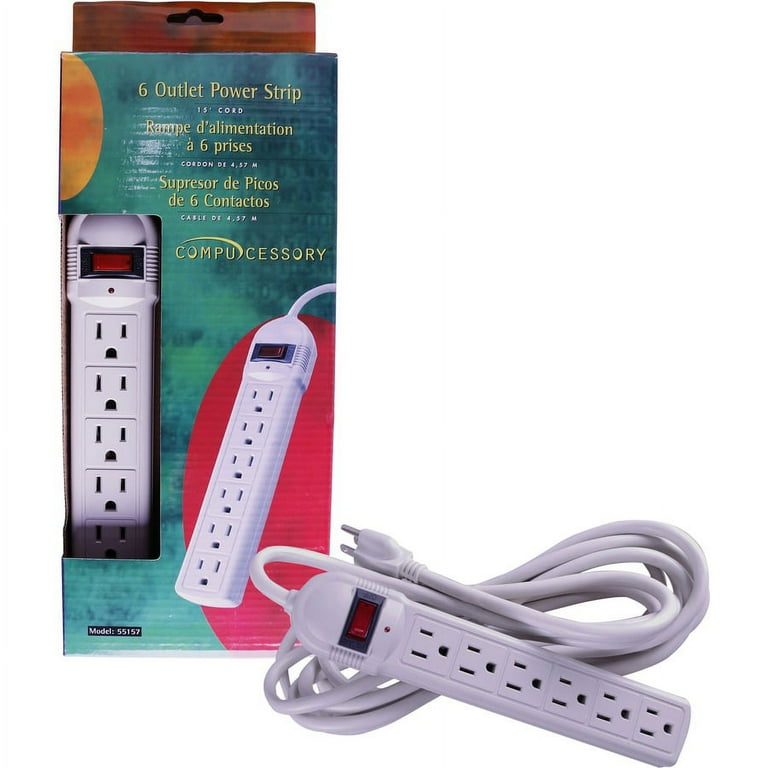Compucessory 6-Outlet Power Strips - 6 - 15 ft Cord - 104 J Surge Energy - 15 A Current - 125 V AC Voltage - Strip - Light Gray Compucessory 6-Outlet Power Strips - 6 - 15 ft Cord - 104 J Surge Energy - 15 A Current - 125 V AC Voltage - Strip - Light Gray