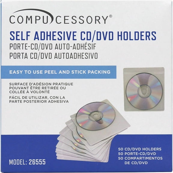 Compucessory, CCS26555, Self-Adhesive Poly CD/DVD Holders, 50 / Pack, White