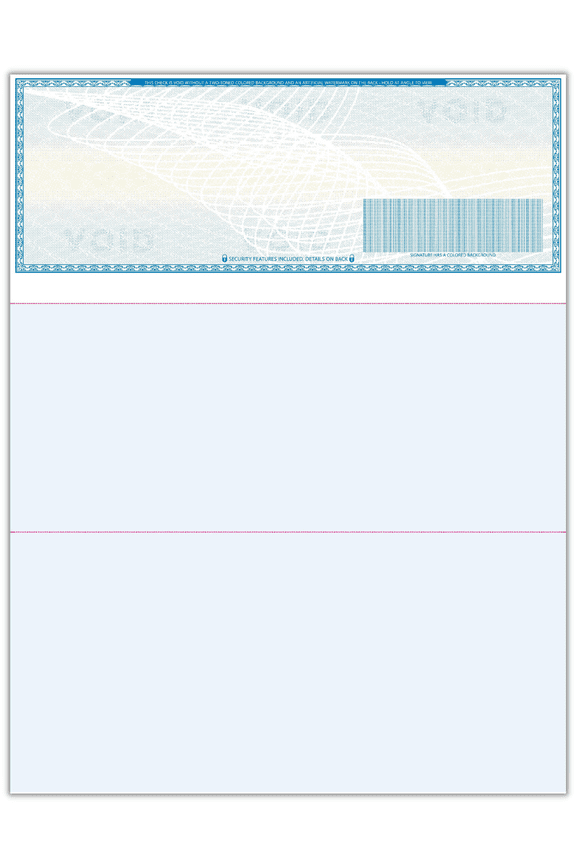 100 High Security Blank Check Stock - Checks on Top Two Perforated Vouchers on Bottom Compatible with QuickBooks, & Laser or Inkjet Printers, Check Paper Weight # 70 (Light Blue Art Deco)