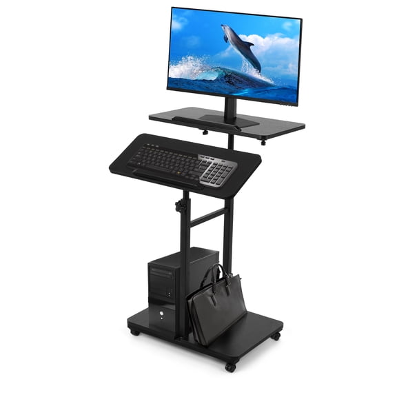 Computer Cart 23.6 Inch - No Assembly Sit-Stand Desk, Height Angle Adjustable Rolling Laptop Desk, Space-Saving Portable Desk with Wheels for Home Office Craft & Study, Black