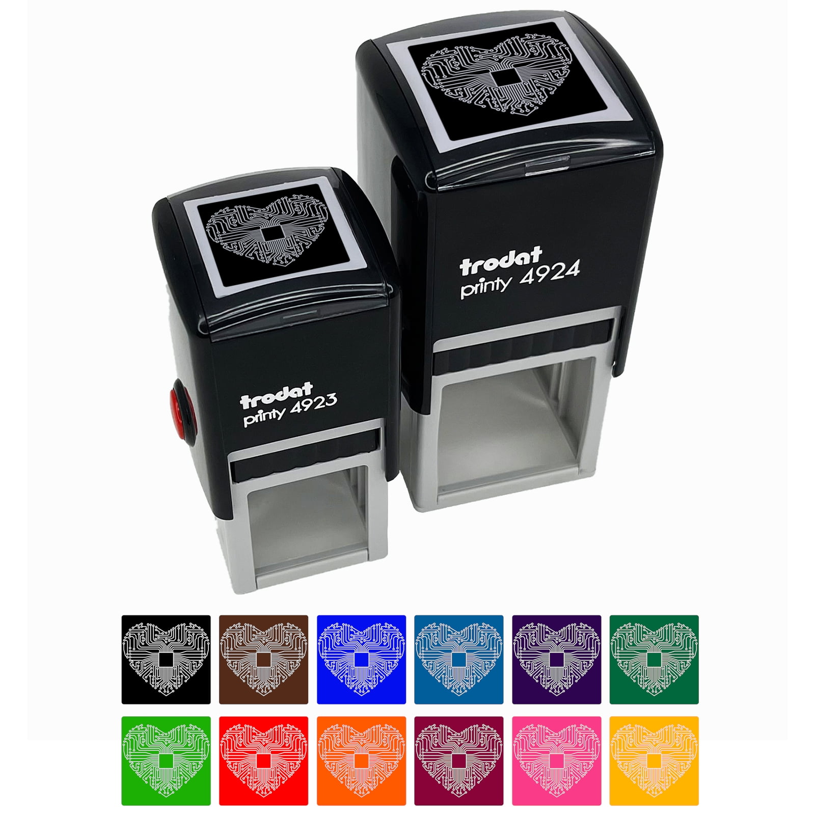 Computer Chip Circuit Board Heart Love Self-Inking Rubber Stamp Ink Stamper - Brown Ink - Small 1 Inch