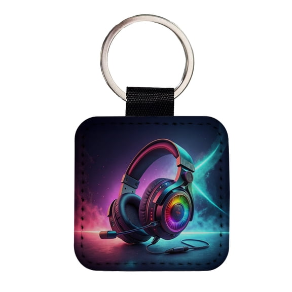 Computer Console Gaming Headphones Faux Leather Square Keychain