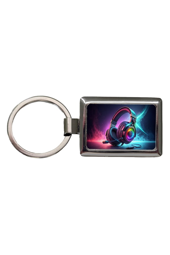 Computer Console Gaming Headphones Metal Rectangle Keychain