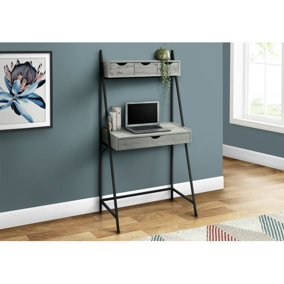 Computer Desk - 2 Tiers / 4 Storage Drawers / Ladder Style - 32"L - Grey Wood-Look / Black Metal