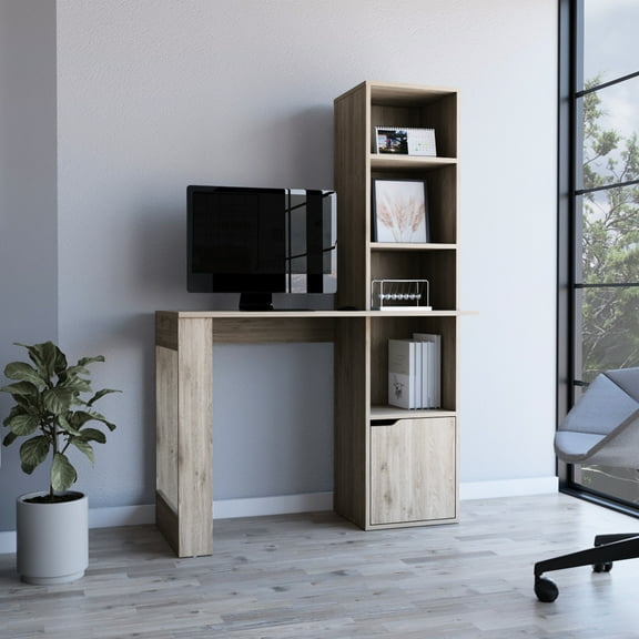 Computer Desk: 25.1"w X 17.7"d Work Area And Storage - 4 Bookcase Cabinet Grey Engineered Wood Desk In Spacious Surface For Laptop & Books Files Office Supplies Compact Workspace Solution