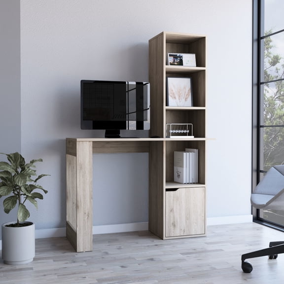 Computer Desk: 25.1"w X 17.7"d Work Area And Storage - 4 Bookcase Cabinet Grey Engineered Wood Desk Surface With 4 For Office Supplies Personal Items Space Efficient