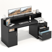 Computer Desk with 3 Drawer & Storage Shelves, Home Office Desk with File Drawer & Cabinet, Writing Study Table with Long Monitor Stand & Printer Shelf, Executive Desk, Black