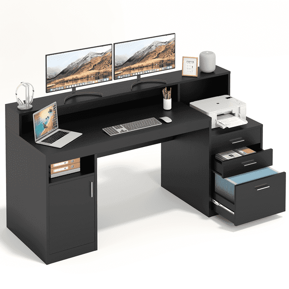 Computer Desk with 3 Drawer & Storage Shelves, Home Office Desk with File Drawer & Cabinet, Writing Study Table with Long Monitor Stand & Printer Shelf, Executive Desk, Black