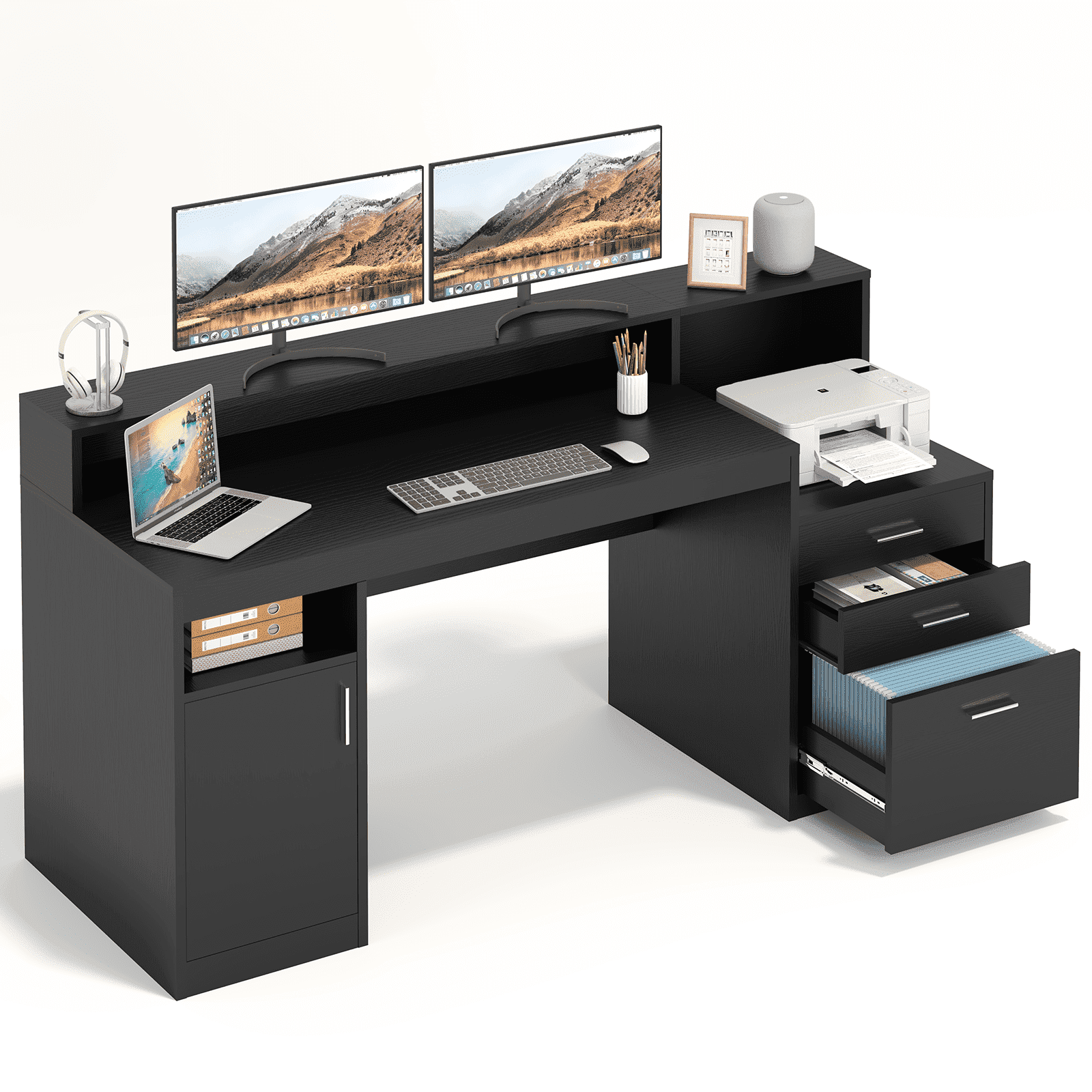 Computer Desk with 3 Drawer & Storage Shelves, Home Office Desk with File Drawer & Cabinet, Writing Study Table with Long Monitor Stand & Printer Shelf, Executive Desk, Black