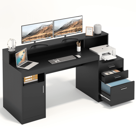 Computer Desk with 3 Drawer & Storage Shelves, Home Office Desk with File Drawer & Cabinet, Writing Study Table with Long Monitor Stand & Printer Shelf, Executive Desk, Black