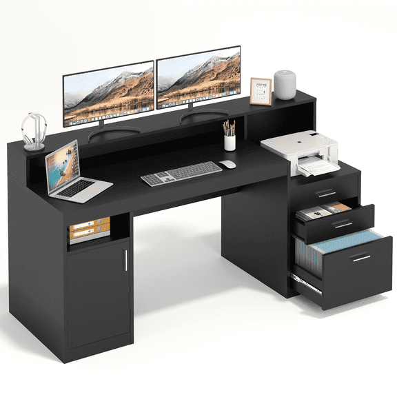 Computer Desk with 3 Drawer & Storage Shelves, Home Office Desk with File Drawer & Cabinet, Writing Study Table with Long Monitor Stand & Printer Shelf, Executive Desk, Black