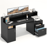 Computer Desk with 3 Drawer & Storage Shelves, Home Office Desk with File Drawer & Cabinet, Writing Study Table with Long Monitor Stand & Printer Shelf, Executive Desk, Black
