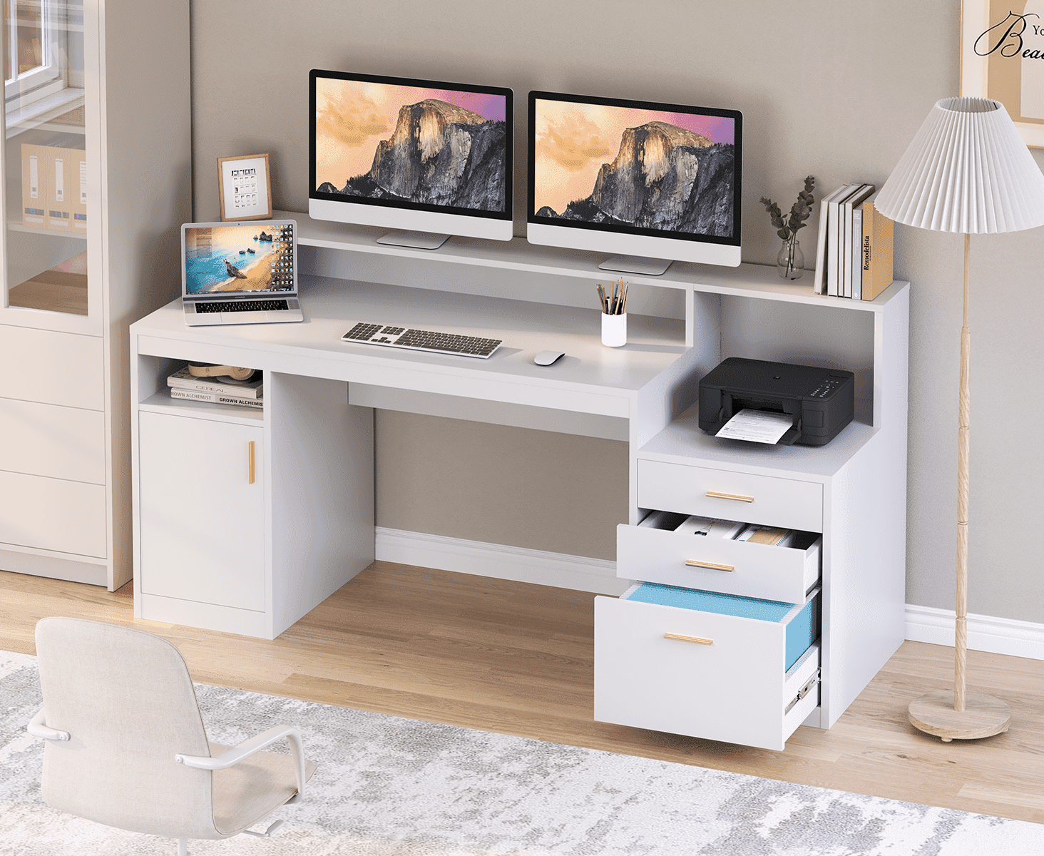 Computer Desk with 3 Drawer & Storage Shelves, Home Office Desk with File Drawer & Cabinet, Writing Study Table with Long Monitor Stand & Printer Shelf, Executive Desk, White