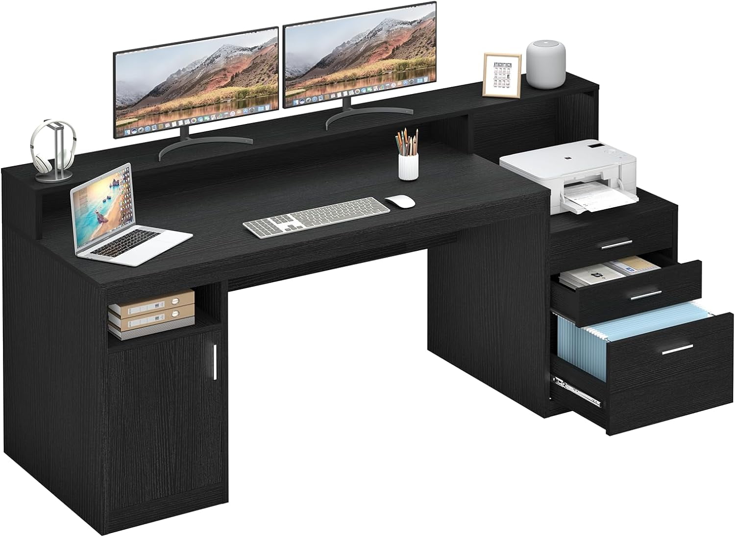 Computer Desk with 3 Drawer & Storage Shelves, Home Office Desk with ...