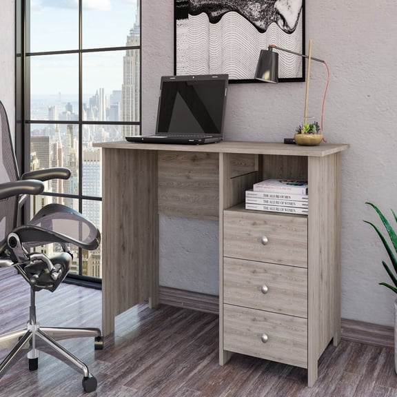 Computer Desk With 3 And Open Storage, Gray. Spacious Work Area For Offices. Contemporary Fascinating In Gray Storage. Sufficient Workspace Small Workspaces. Modern Appealing