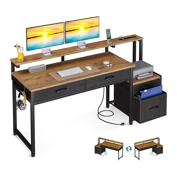 Computer Desk with 4 Drawers, 55 Inch Office Desk with Printer Shelf & Built-in Power Outlet, Work Desk with Monitor Shelf for Home Small Spaces, Rustic Brown
