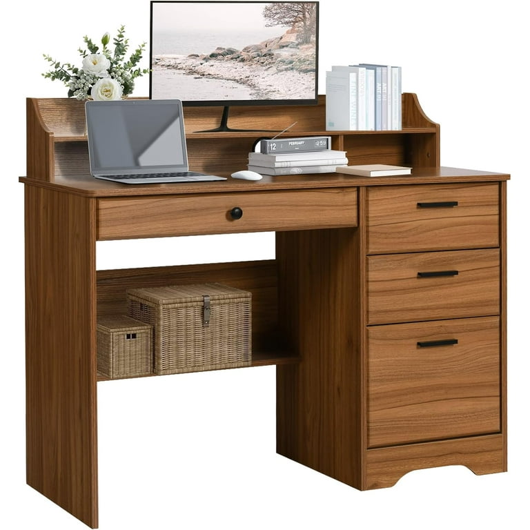 Computer Desk with 4 Drawers and Storage Small Office Desk with File Drawers and Hutch Farmhouse Wood Writing Student Table for Home Office Bedroom Rustic Oak Walmart
