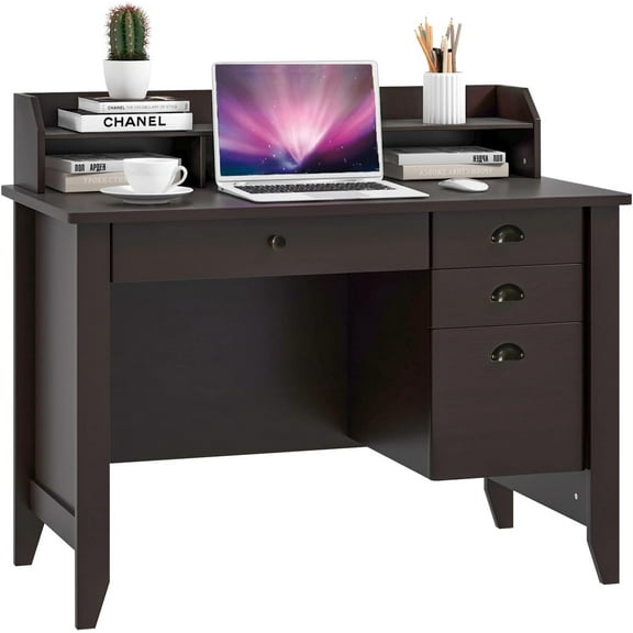Computer Desk with 4 Storage Drawers and Hutch, 48 Vintage Desk with File Drawer & Monitor Stand, Home Office Executive Desk Workstation Writing Study Table (Brown)