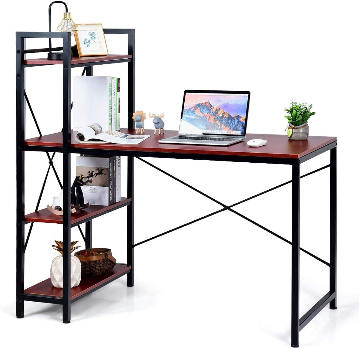 Computer Desk with 4 Tier Shelves, Study Writing Table with Storage